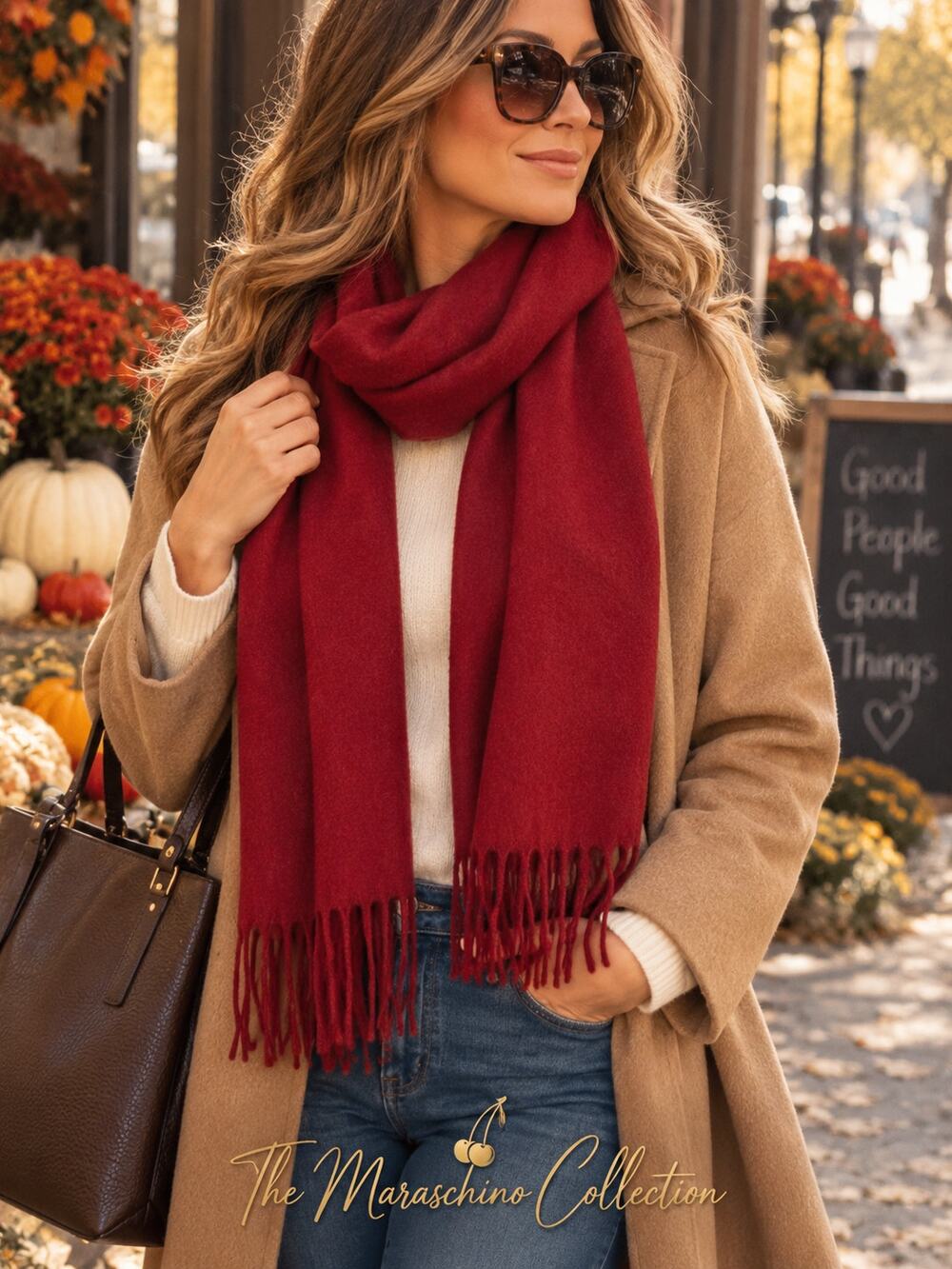Red Cashmink Scarf Fringe Quiet Luxury Old Money Winter Holiday 64x13